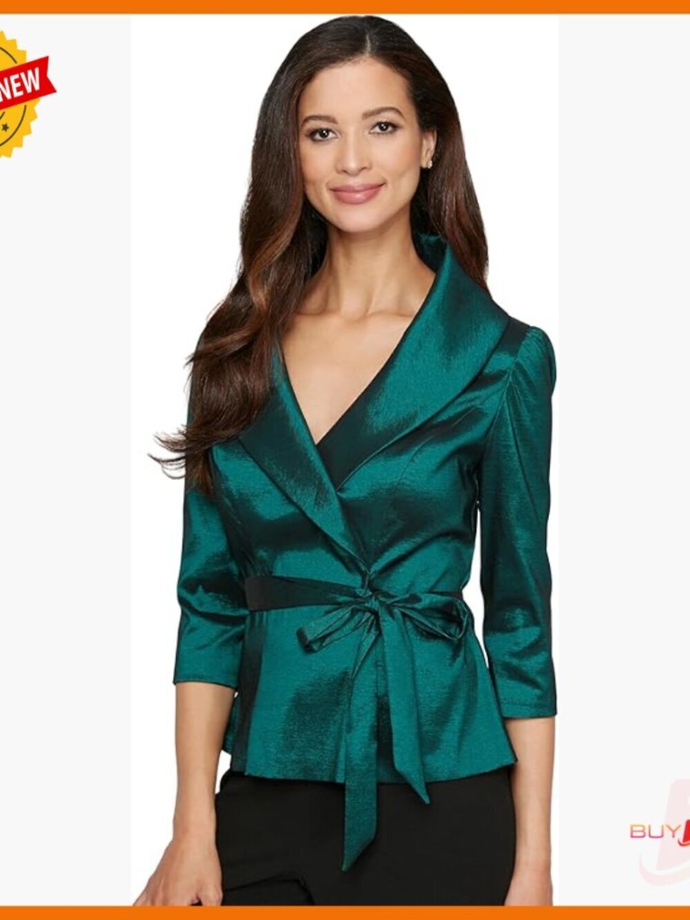 Stretch Taffeta Formal Blouse 3/4 Sleeve Surplice Neckline Tie Waist